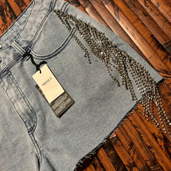 Rhinestone Fringe Blue Jean Denim Short Shorts, Forever 21 - Picture 6 of 8